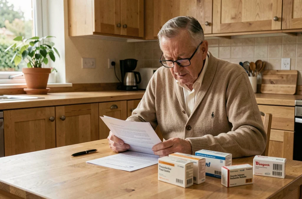Personne âgée consultant une liste de médicaments à domicile pour vérifier les interactions entre traitements