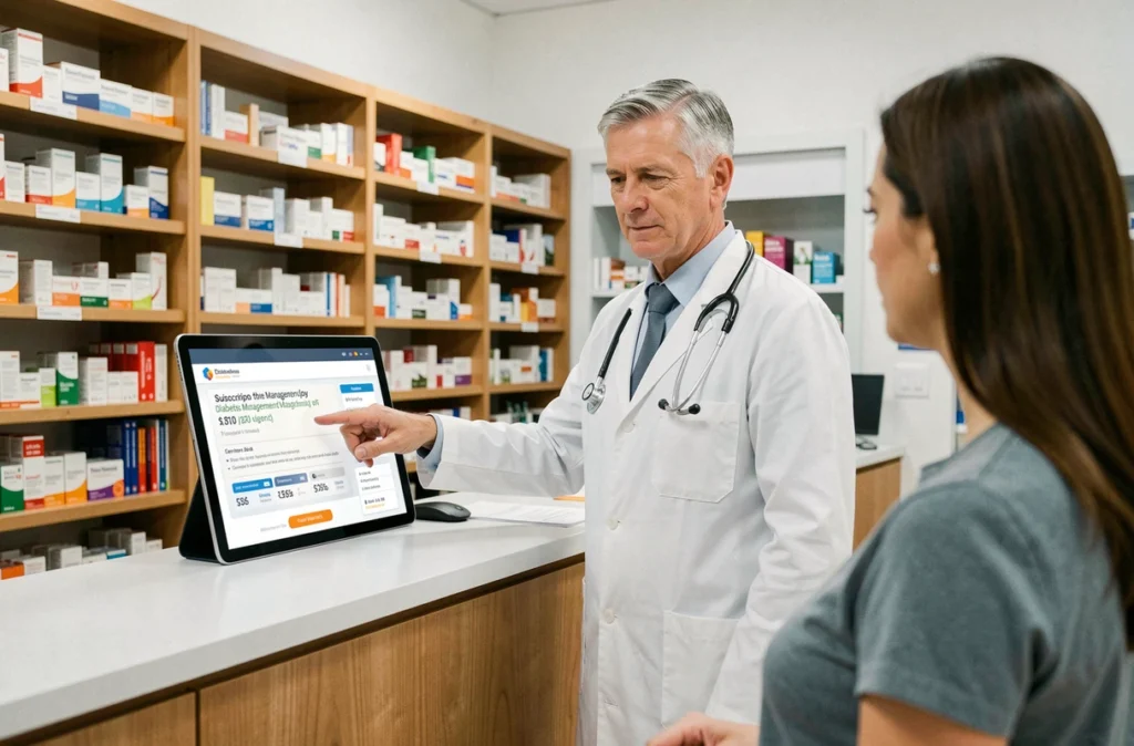 Pharmacien expliquant le prix d'une application santé diabète sur une tablette à un patient