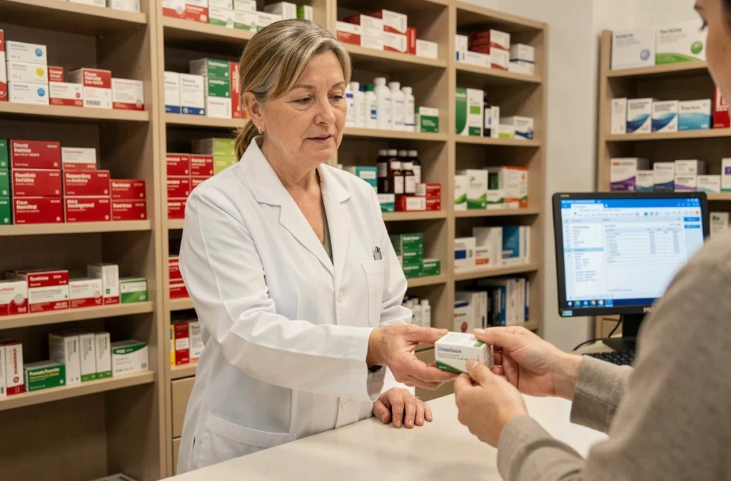 Pharmacienne remettant un médicament antibiotique à une patiente au comptoir d'une pharmacie, traitement infection urinaire