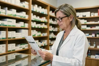 Pharmacienne vérifiant une liste de médicaments au comptoir pour détecter les interactions médicamenteuses