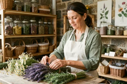 Praticienne en bien-être arrangeant des plantes médicinales séchées dans une boutique aux étagères garnies de bocaux en verre et d'herbes locales