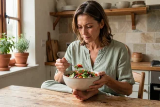 Femme pratiquant la pleine conscience alimentaire en savourant un bol de salade colorée dans une cuisine rustique