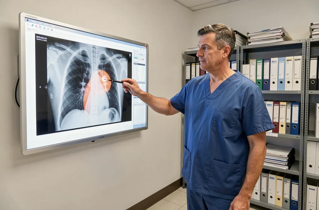 Pneumologue pointant la région pleurale sur une radiographie thoracique rétroéclairée lors d'une consultation médicale