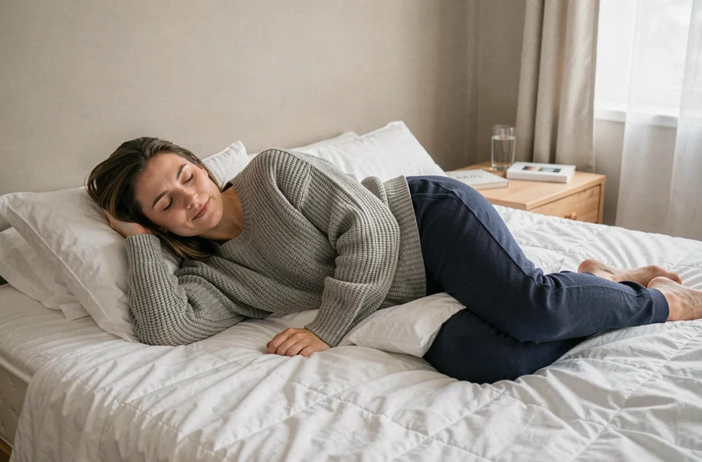 Femme enceinte allongée sur le côté avec un coussin de maternité entre les genoux pour maintenir un alignement correct de la colonne vertébrale durant le sommeil