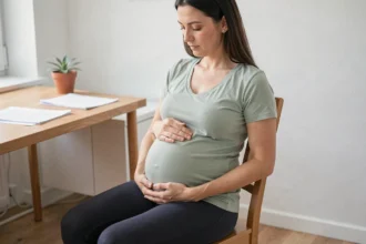 Femme enceinte adoptant une bonne posture assise sur une chaise en bois dans un bureau à domicile pour soulager les douleurs dorsales