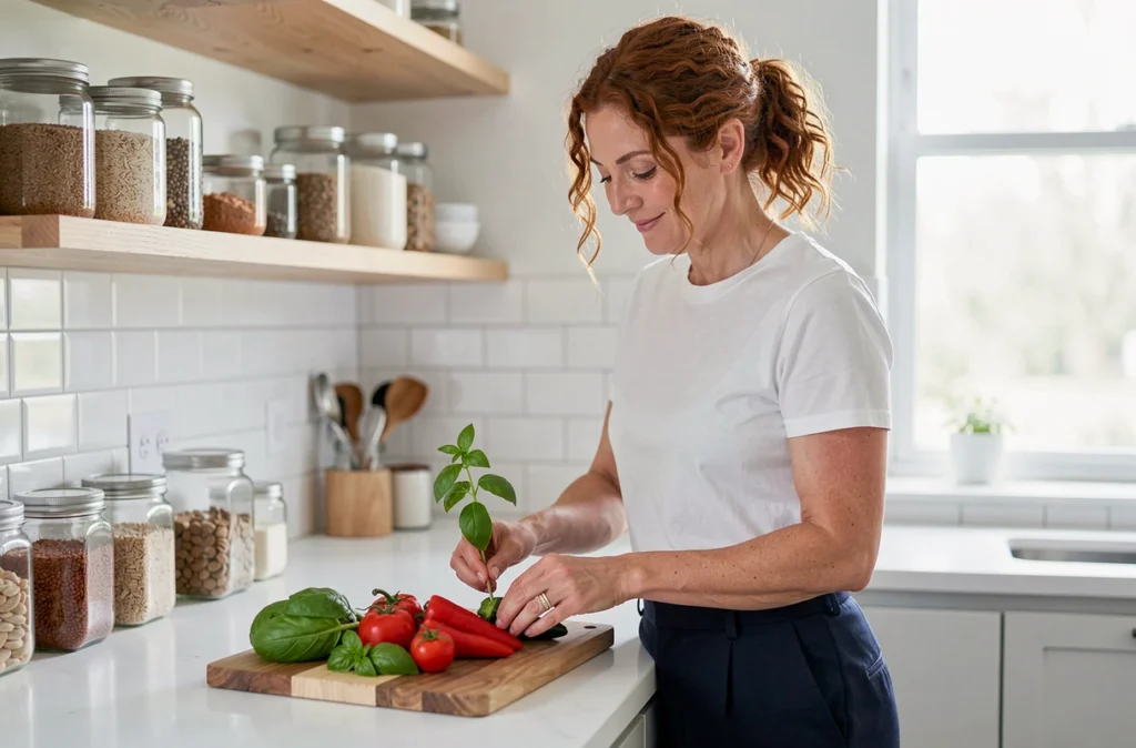 Femme préparant des légumes frais avec attention et sérénité dans une cuisine moderne lumineuse