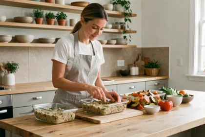 Femme préparant des repas équilibrés à l'avance dans des boîtes en verre sur un plan de travail en bois