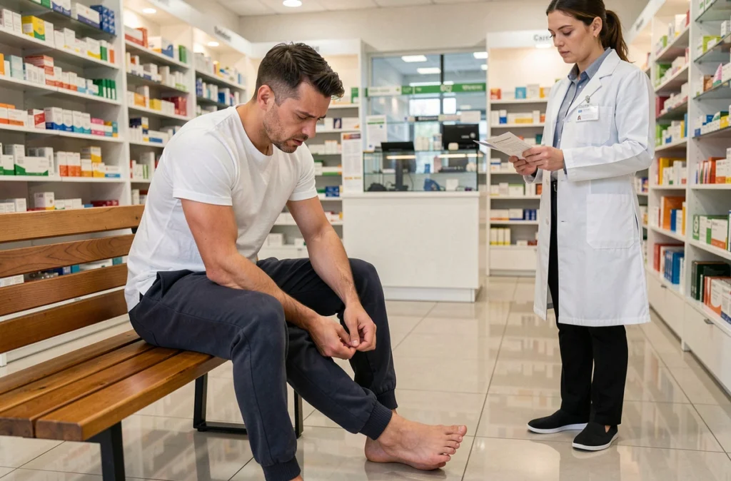 Homme examinant une tache noire sous l'ongle du pied en pharmacie avec conseil professionnel