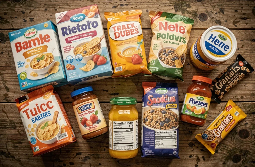 Assortiment de produits alimentaires emballés contenant des sucres cachés disposés sur une table en bois avec étiquettes nutritionnelles visibles