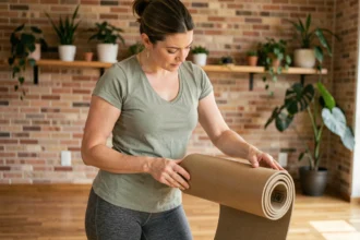Professeure de yoga inspectant un tapis en caoutchouc naturel durable dans un studio minimaliste aux parquets en bois
