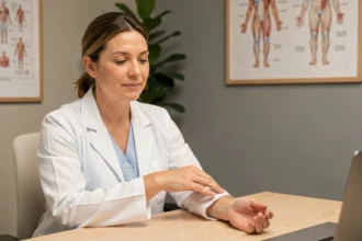 Une professionnelle de santé en blouse blanche pratique la cohérence cardiaque en consultation médicale