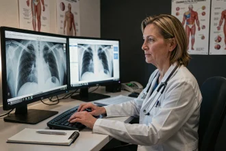 Radiologue femme analysant des radiographies thoraciques sur écran pour rédiger un compte rendu médical sur le cul de sac pleural