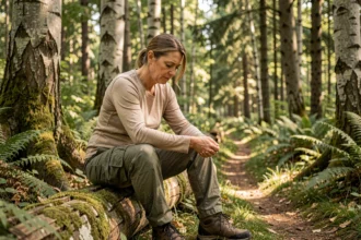 Randonneuse examinant son bras pour détecter une tique dans une forêt française, maladie de Lyme