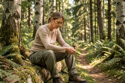 Randonneuse examinant son bras pour détecter une tique dans une forêt française, maladie de Lyme