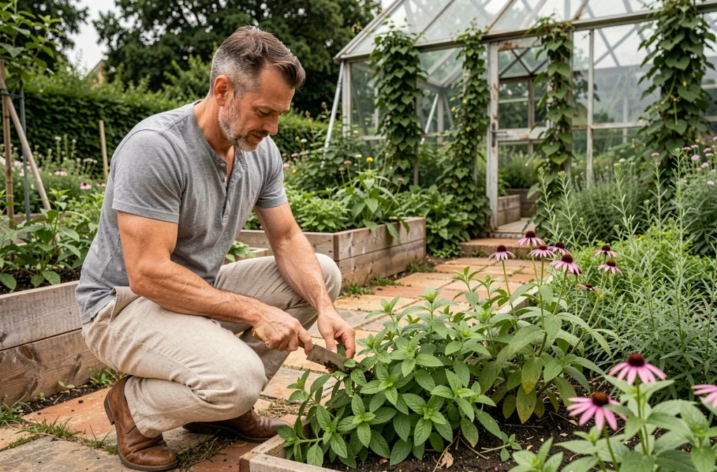 Homme récoltant des plantes médicinales comme la mélisse et l'échinacée dans le jardin botanique d'un centre de bien-être