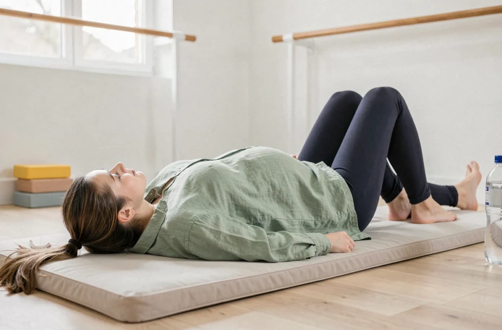 Femme enceinte allongée sur un tapis effectuant des exercices de renforcement du périnée dans un studio prénatal