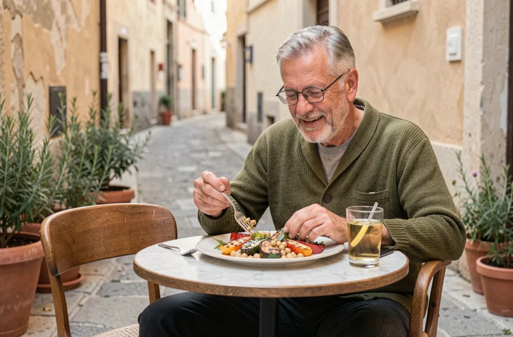 Homme âgé savourant un repas méditerranéen sain en terrasse pour préserver la santé de ses articulations