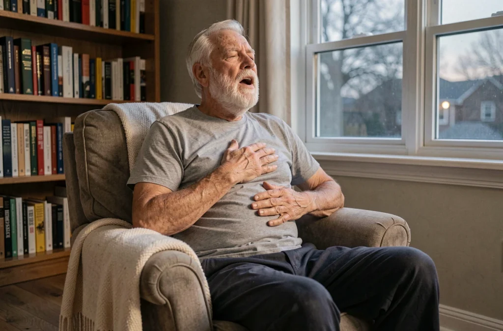 Homme âgé réalisant des exercices de respiration abdominale dans un fauteuil le soir