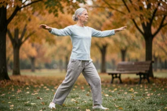 Femme senior pratiquant le tai-chi dans un parc en automne, les bras étendus en position d'équilibre sur fond de feuillage doré