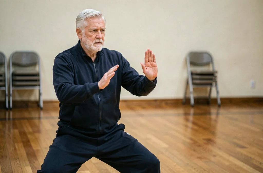 Homme senior en position de tai-chi dans une salle de sport communautaire, posture stable et regard concentré