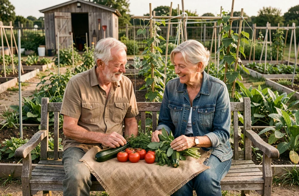 Deux seniors assis sur un banc dans un jardin partagé, admirant leur récolte de légumes frais, moment de convivialité et de bien-être