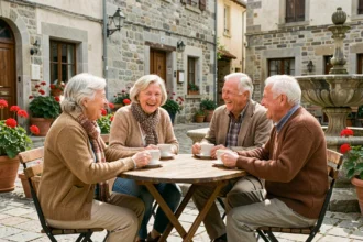 Groupe d'aînés attablés en terrasse dans un village français, partageant un café et riant ensemble, illustrant la socialisation des personnes âgées