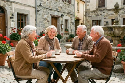 Groupe d'aînés attablés en terrasse dans un village français, partageant un café et riant ensemble, illustrant la socialisation des personnes âgées