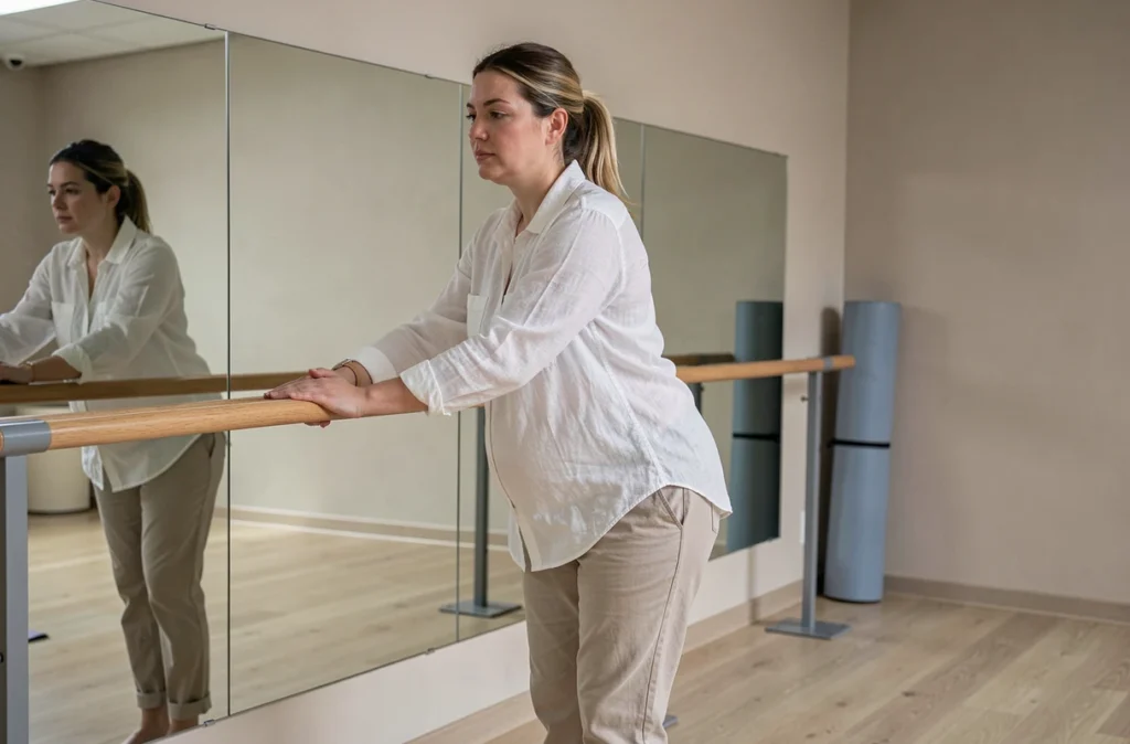 Femme enceinte en séance de stretching prénatal dans un studio de yoga, adoptant une posture dorsale correcte grâce à la barre d'appui