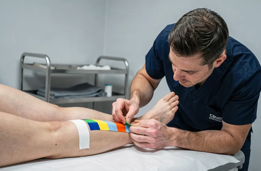 Kinésithérapeute appliquant un taping thérapeutique sur le tendon d'Achille d'un patient pour traiter une bursite du talon