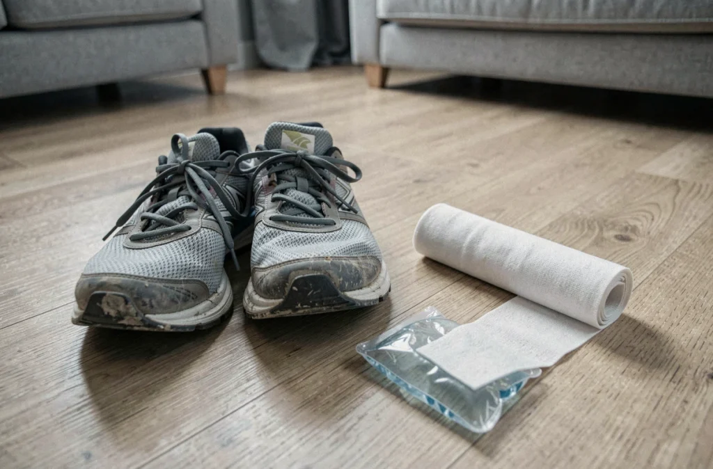 Chaussures de running, pack de glace et bandage élastique posés sur un plancher en bois, matériel de récupération pour bursite du tendon d'Achille à domicile