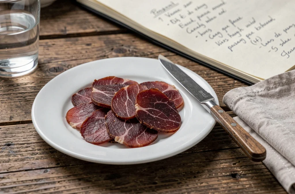 Tranches de viande des Grisons sur une assiette blanche avec des notes alimentaires pour grossesse