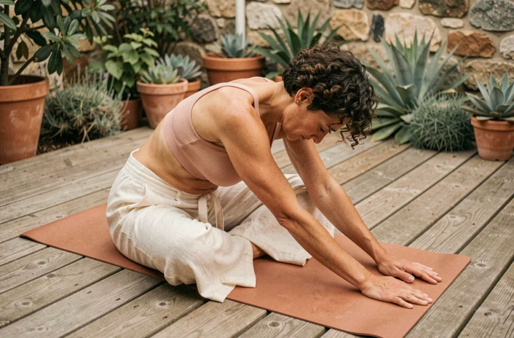 Femme en posture de yoga avant assise sur terrasse en bois entourée d'un jardin méditerranéen verdoyant