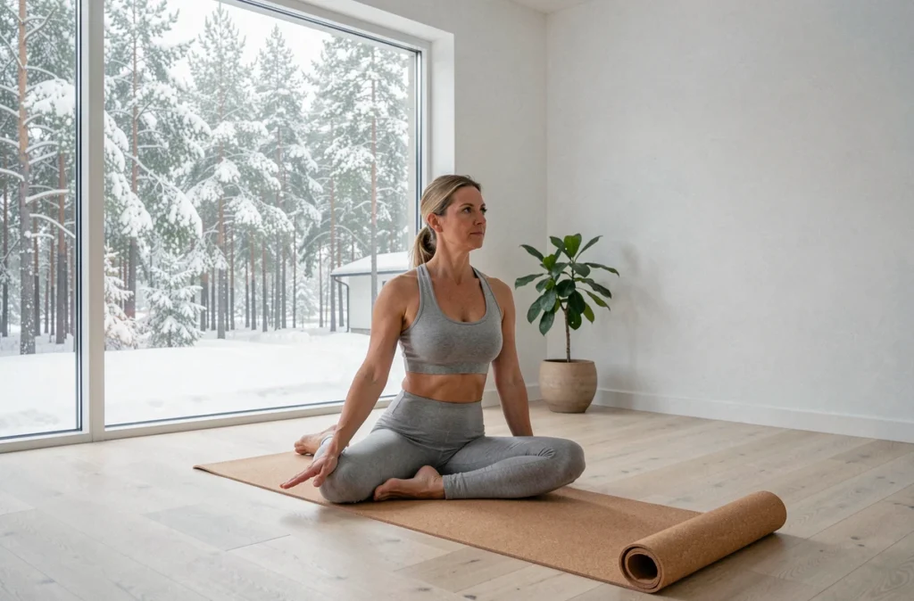 Femme faisant du yoga dans une pièce lumineuse avec vue sur forêt enneigée, lumière naturelle et bien-être hivernal