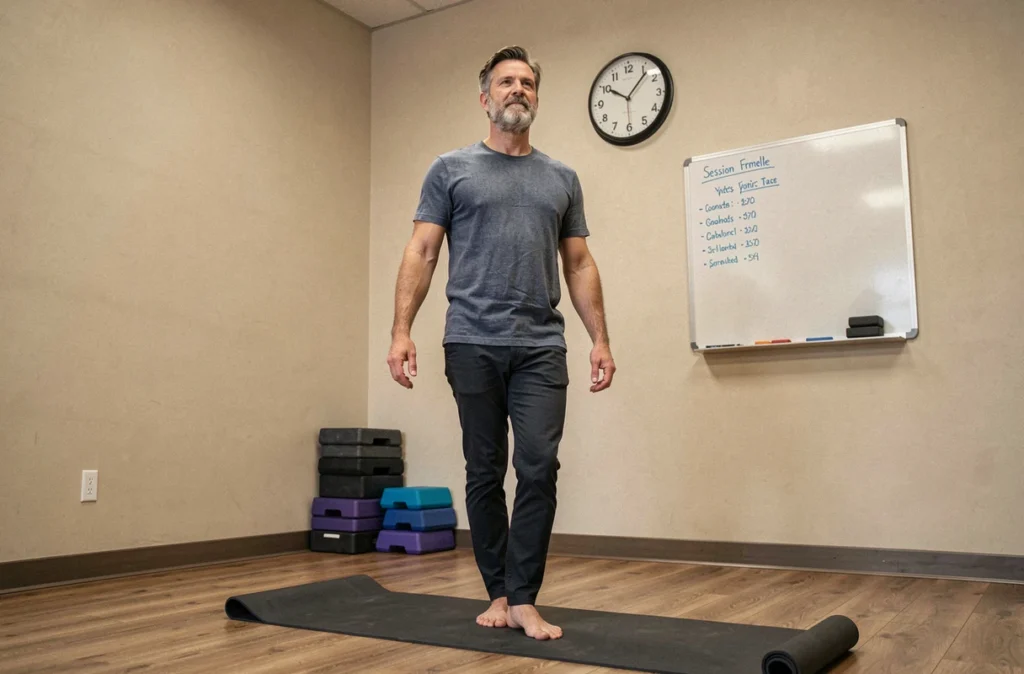 Homme en pose de yoga mountain dans une salle de bien-être d'entreprise avec horloge murale visible