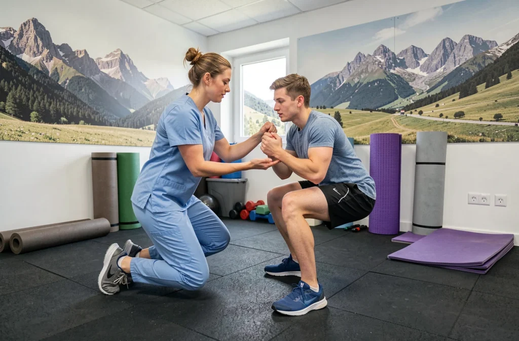 Camille Delbarre, kinésithérapeute à Boeil-Bezing dans les Pyrénées-Atlantiques, supervisant une séance de rééducation sportive avec un patient