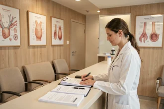 Dermatologue en consultation dans une clinique moderne en Normandie, illustration de l'article top 10 des dermatologues normands