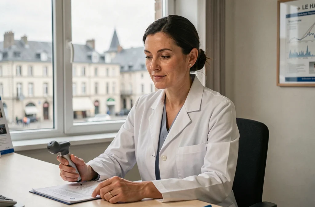 Dr Ana Maria Filip, dermatologue au Havre, tenant un dermatoscope lors d'une consultation