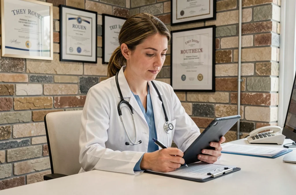 Dr Audrey Aussy, dermatologue à Rouen, en consultation dans son cabinet médical