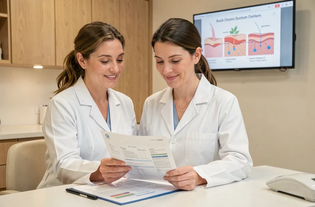 Dr Julie Delaporte, dermatologue à Rouen, souriante lors d'une consultation