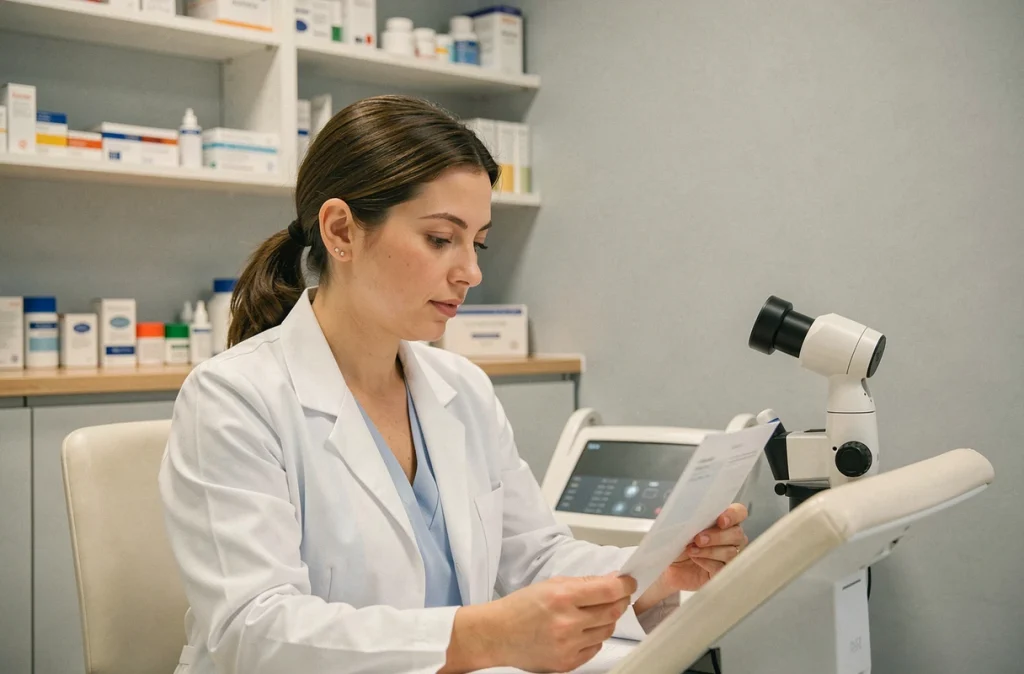 Dr Marthe Plaquevent, dermatologue à Rouen, en cabinet de consultation dermatologique
