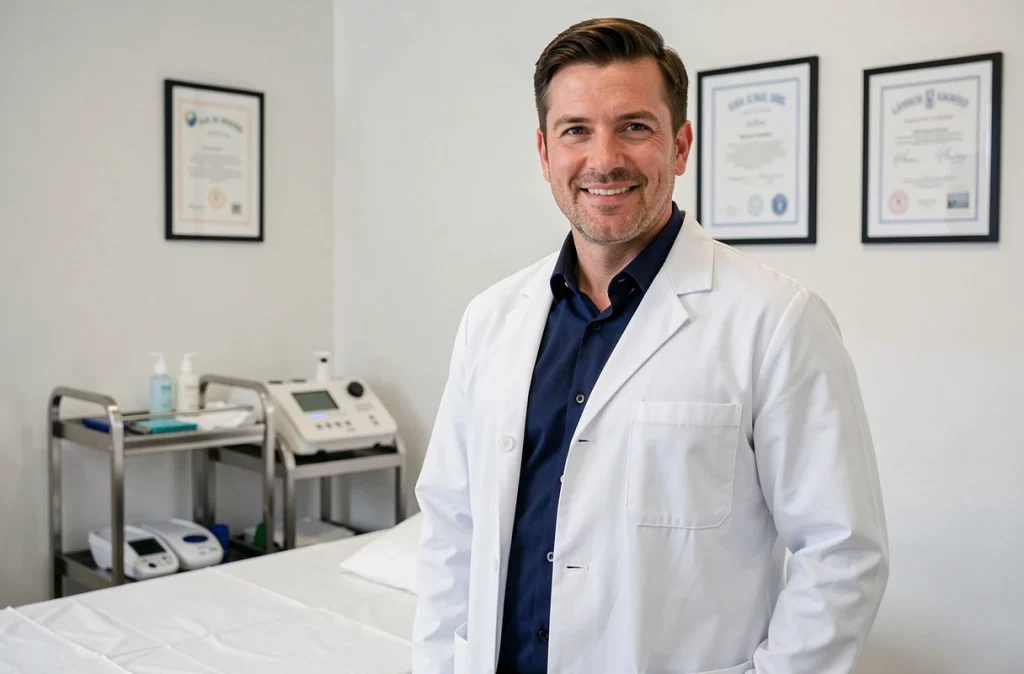 Dr Martin-Xavier Doré, dermatologue au Havre, debout dans son cabinet médical