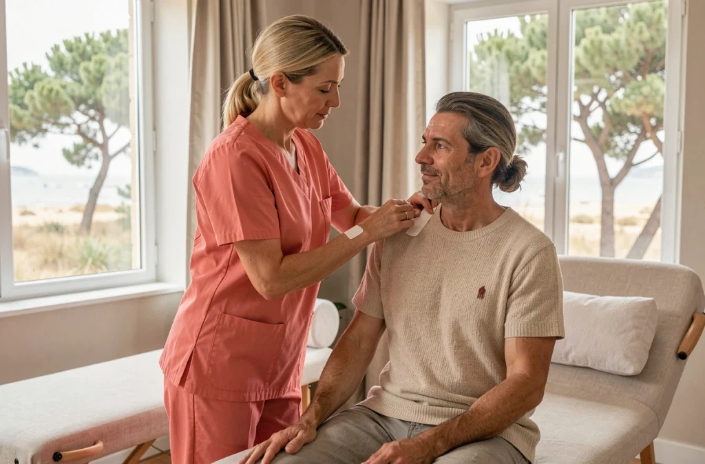 Emilie Hervé, kinésithérapeute à Biganos en Gironde, appliquant un taping thérapeutique sur l'épaule d'un patient