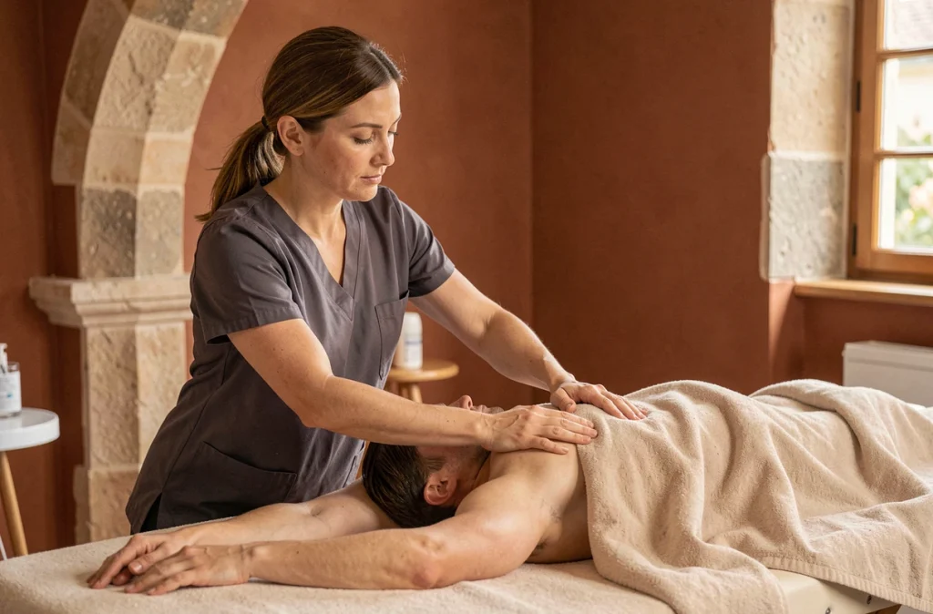 Estelle Gose, kinésithérapeute à Bayonne dans les Pyrénées-Atlantiques, réalisant un massage des trapèzes sur un patient