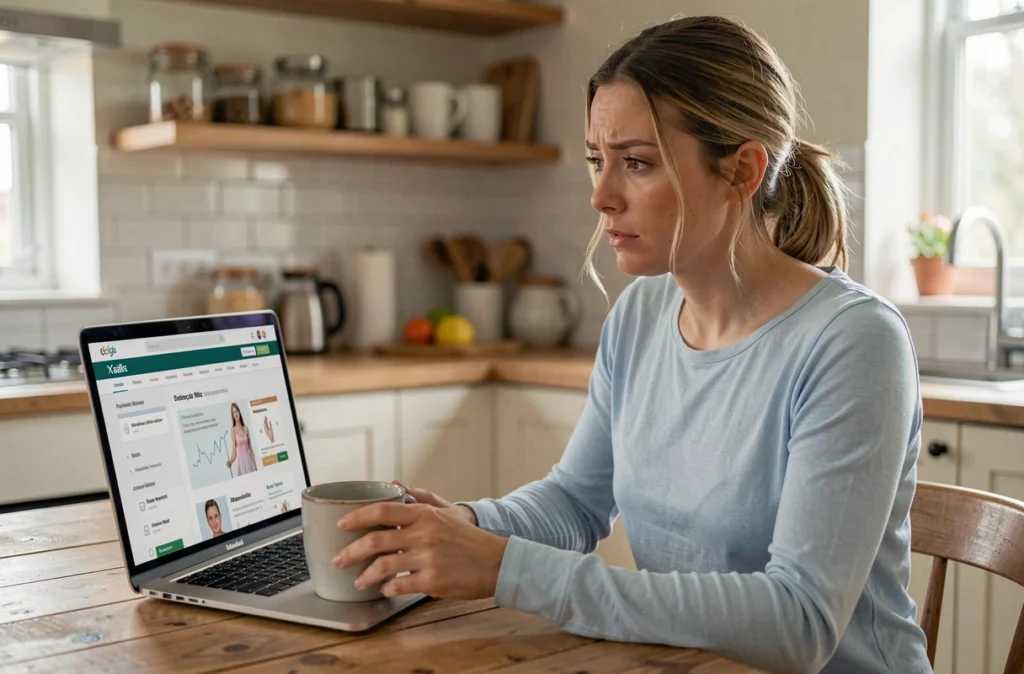 Jeune femme consultant des informations sur les mycoplasmes et les infections féminines sur un ordinateur portable