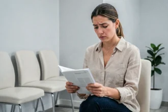 Femme tenant des résultats d'analyses médicales dans une salle d'attente gynécologique moderne