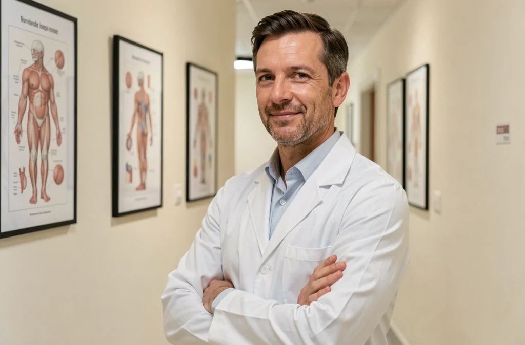 Guillaume Lair, dermatologue en Normandie, dans le couloir de son cabinet médical