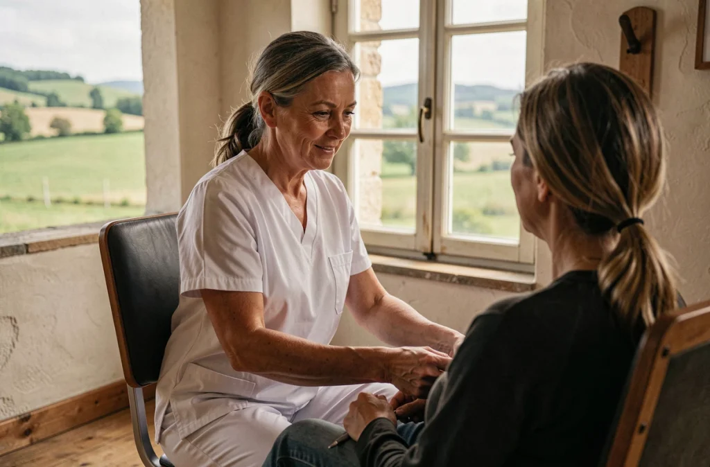 Hélène Sallas, kinésithérapeute à Compreignac en Haute-Vienne, effectuant un bilan neurologique sur un patient dans son cabinet rural