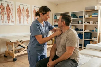 Kinésithérapeute en Nouvelle-Aquitaine effectuant un bilan articulaire sur un patient dans un cabinet moderne de rééducation