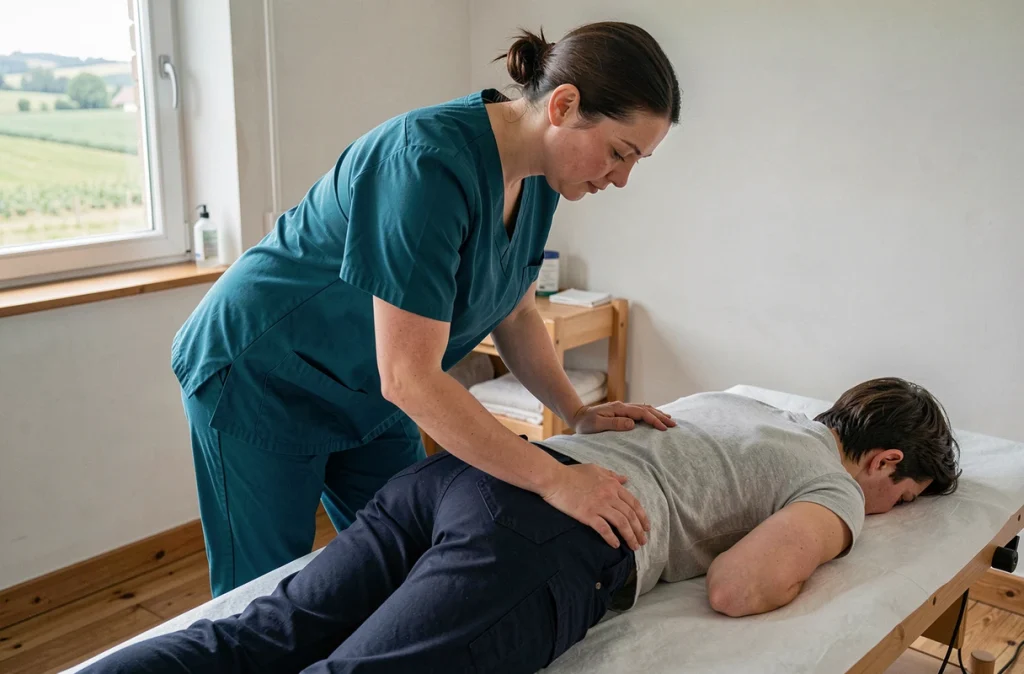 Lucie Couturier, kinésithérapeute à Fleuré dans la Vienne, réalisant une technique de thérapie manuelle sur un patient