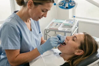Dentiste appliquant un composite dentaire sur la dent d'un patient dans un cabinet moderne, illustrant le coût et le remboursement des soins dentaires en 2026